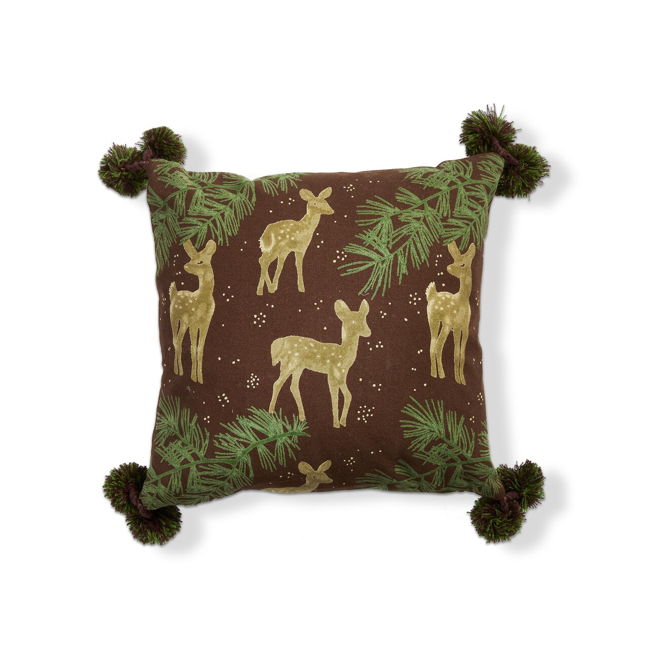 Wilde Pine Deer Throw Pillow - Christmas Decor, Brown Multi Cotton, Machine Washable, 12x12 Inches